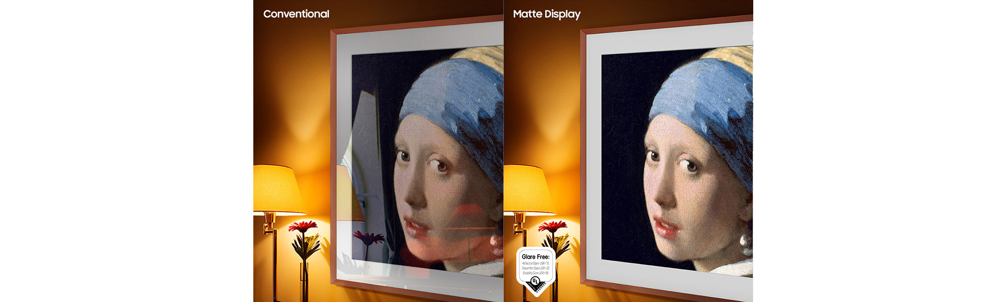 Split image showing art on TV with and without reflection