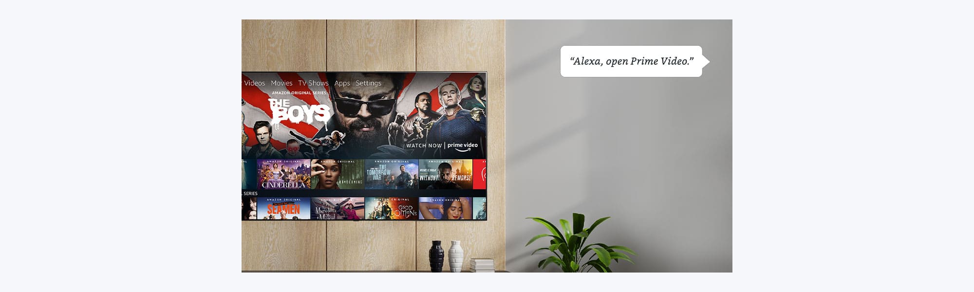 TV with streaming content on screen. Alexa, open Prime Video.