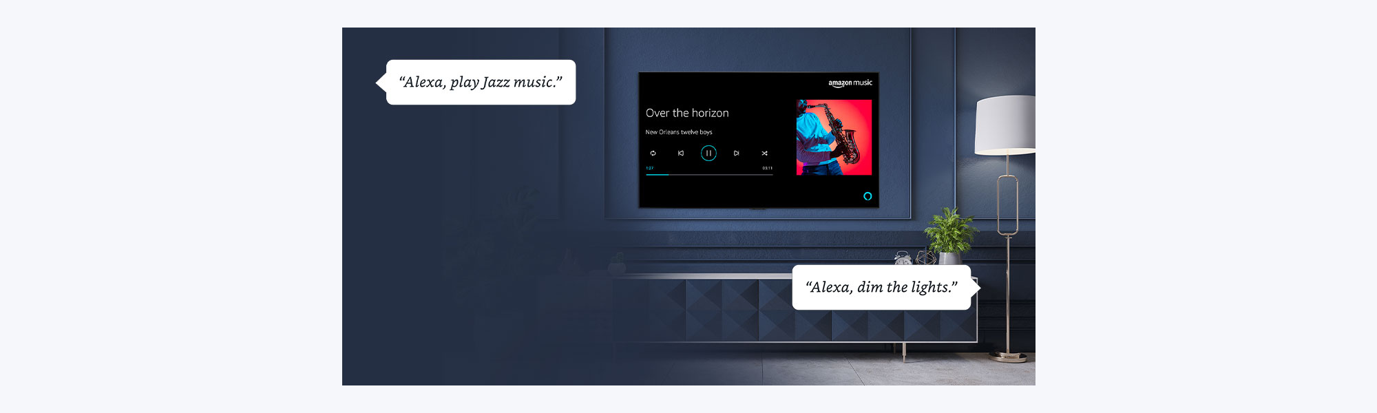 TV with music playlist on screen. Alexa, play jazz music. Alexa, dim the lights.