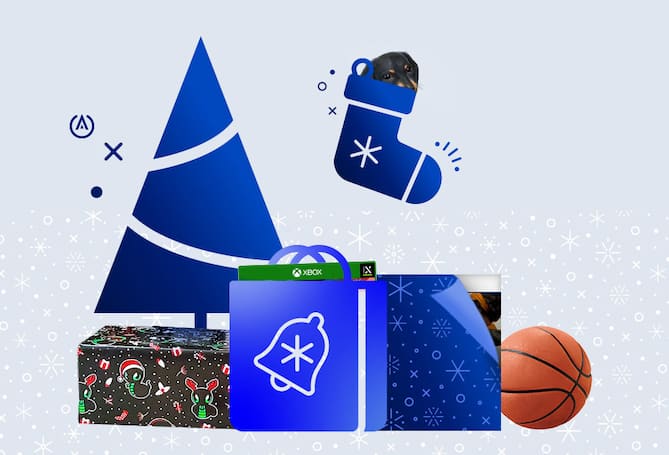 Christmas tree with presents, Christmas stocking, bell