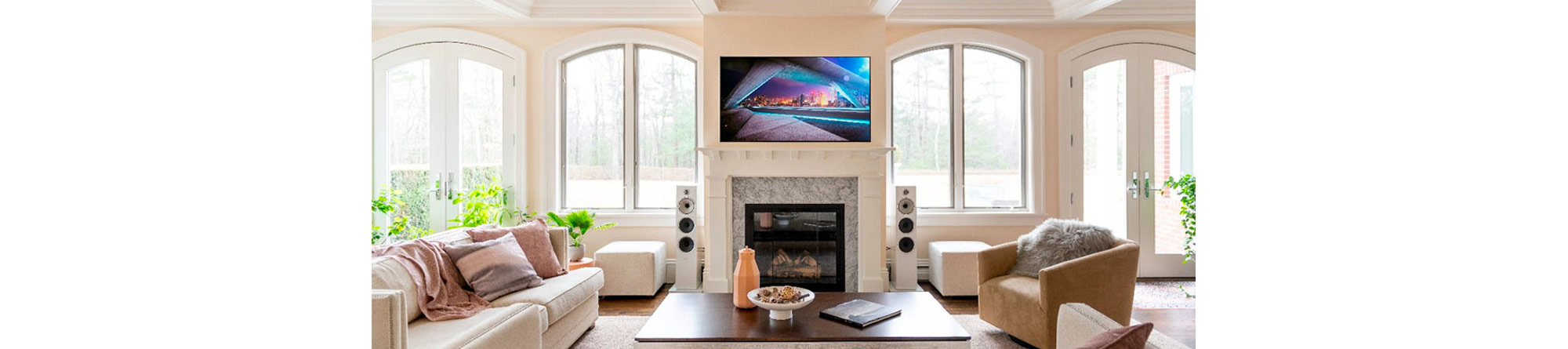 Family room with TV and floor speakers