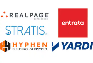 Company logos: Realpage. Entrata. Stratis. Hyphen. Yardi.