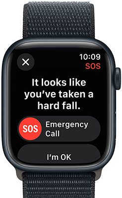 Apple Watch Series 9 detecting a hard fall and showing buttons for an emergency call or I'm OK