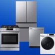 Stainless steel refrigerator, stainless steel range, stainless steel dishwasher, white washer