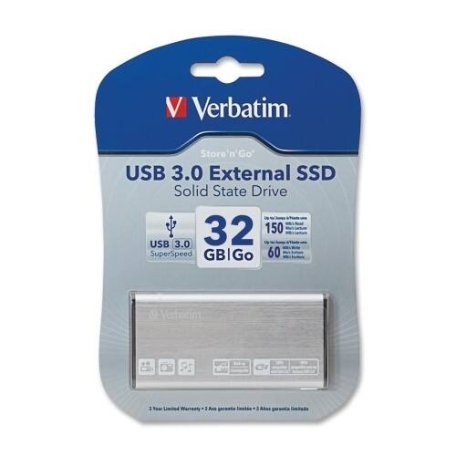 Front Standard. Verbatim - Store 'n' Go 32 GB External Solid State Drive - Silver.