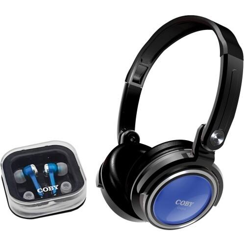 Front Standard. Coby - CV215BLU Folding Deep Bass Headphones/Isolation Jammerz Earphones Combo - Blue.
