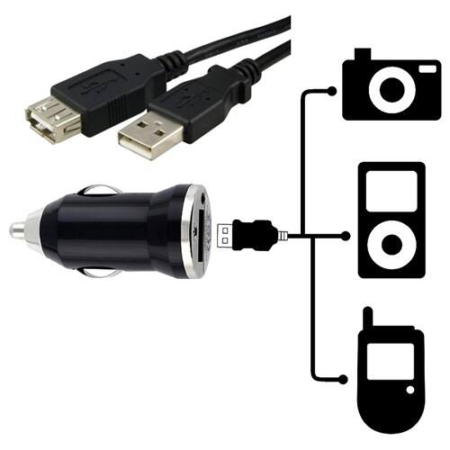 Front Standard. eForCity - Universal USB Mini Car Charger Adapter and Extension Cable Bundle - Black.