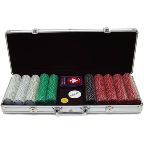 Front Standard. Trademark - Trademark Poker 500 Chips 11.5g Suited Set Silver with Aluminum Case.
