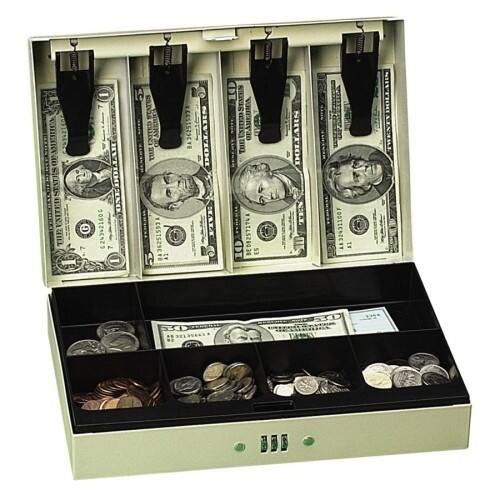 Front Standard. PM - Combination Lock Cash Box - 1 Bill - 5 Coin - Steel.