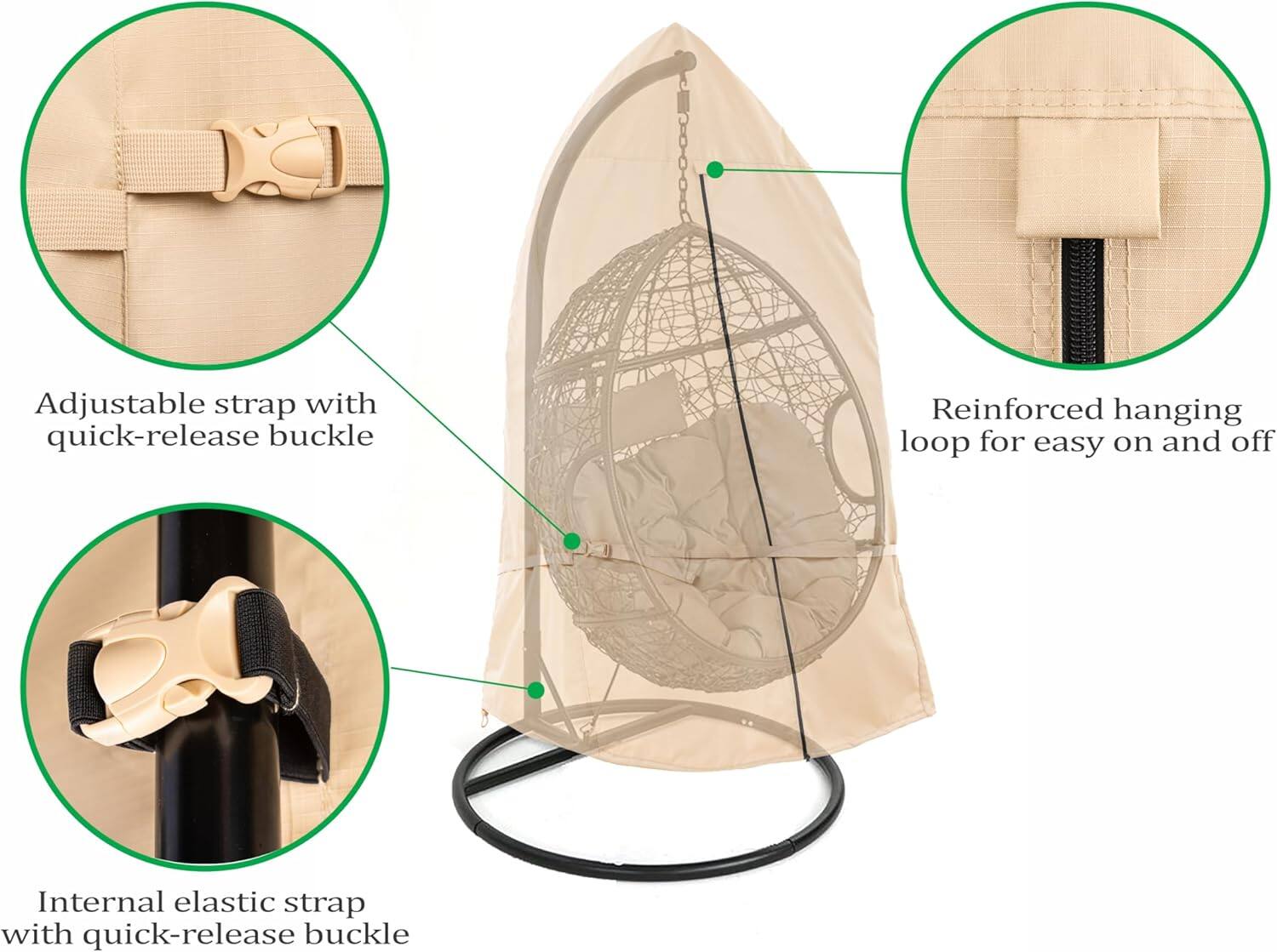 - Adjustable strap with quick-release buckle
- Reinforced hanging loop for easy on and off
- Internal elastic strap with quick-release buckle