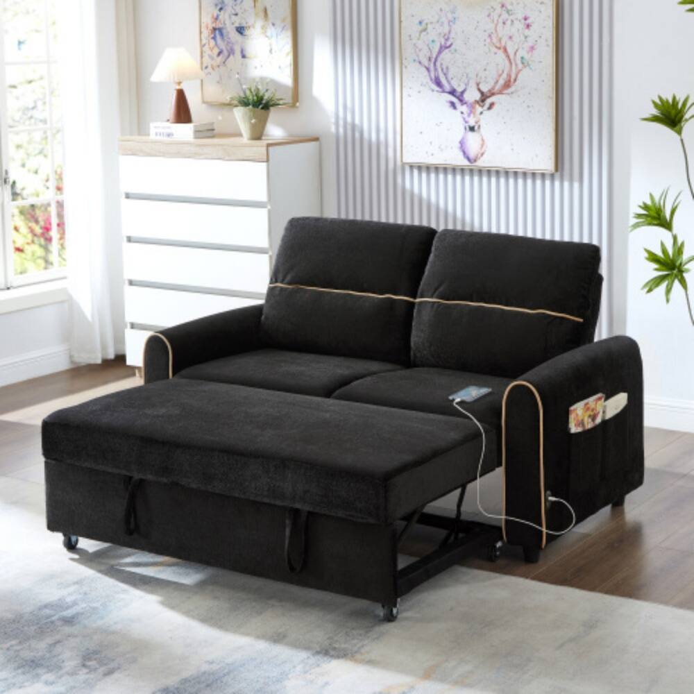 Alt View 1. LUCKY ONE - 58" Chenille Pull-Out Sleeper Loveseat Sofa Bed w/ Adjustable Backrest 4 Pockets USB - Black.