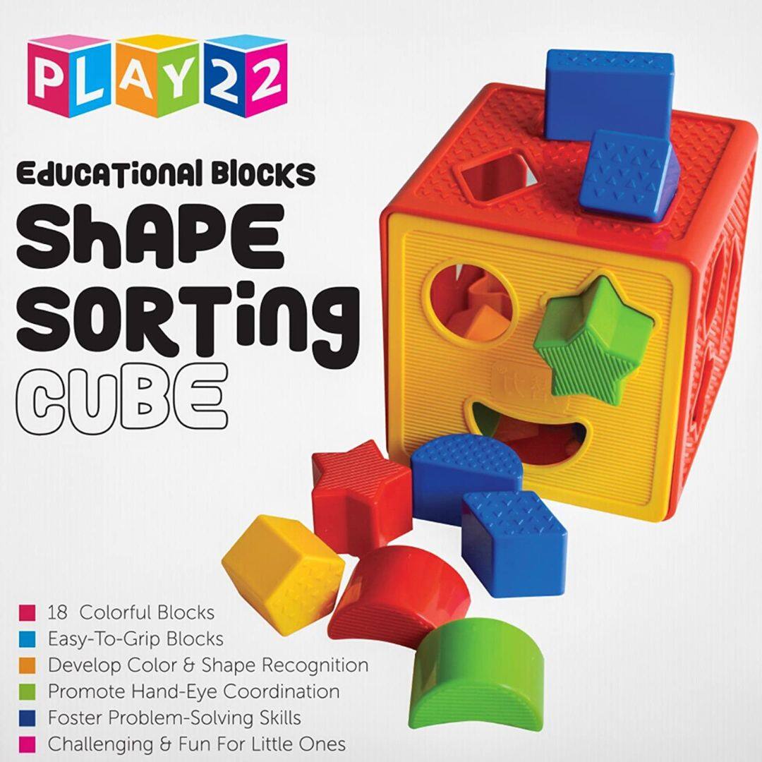 PLAY22
Educational Blocks
Shape Sorting Cube
- 18 Colorful Blocks
- Easy-To-Grip Blocks
- Develop Color & Shape Recognition
- Promote Hand-Eye Coordination
- Foster Problem-Solving Skills
- Challenging & Fun For Little Ones