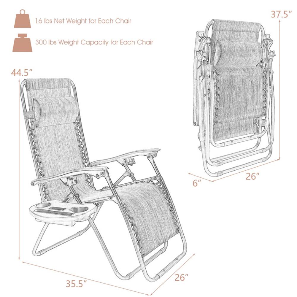 16 lbs Net Weight for Each Chair  
300 lbs Weight Capacity for Each Chair  

37.5"  
44.5"  
35.5"  
26"  
26"  
6"  
26"