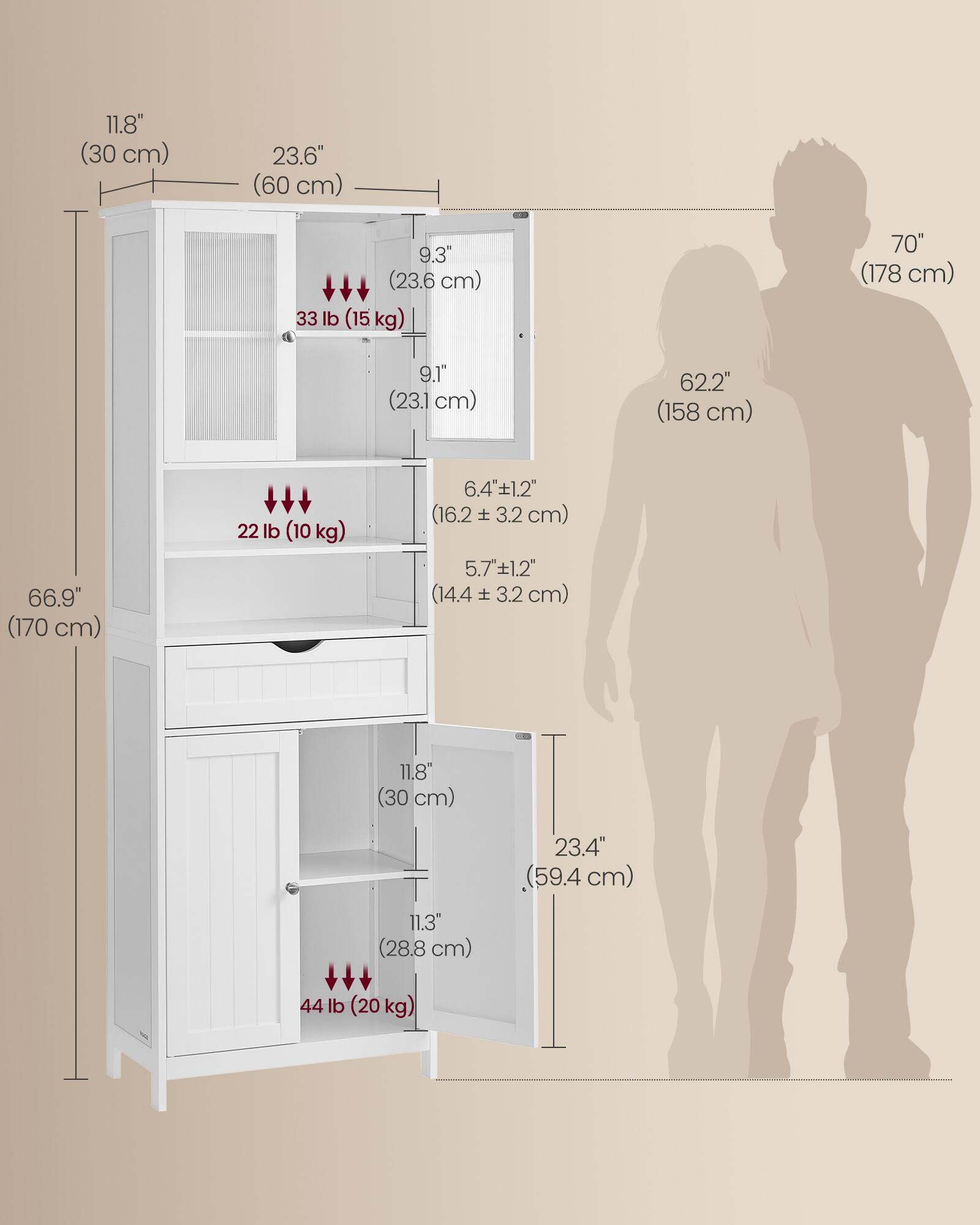 11.8" (30 cm)  
23.6" (60 cm)  
9.3" (23.6 cm)  
33 lb (15 kg)  
70" (178 cm)  
9.1" (23.1 cm)  
62.2" (158 cm)  
66.9" (170 cm)  
22 lb (10 kg)  
6.4" ±1.2" (16.2 ± 3.2 cm)  
5.7" ±1.2" (14.4 ± 3.2 cm)  
11.8" (30 cm)  
11.3" (28.8 cm)  
23.4" (59.4 cm)  
44 lb (20 kg)