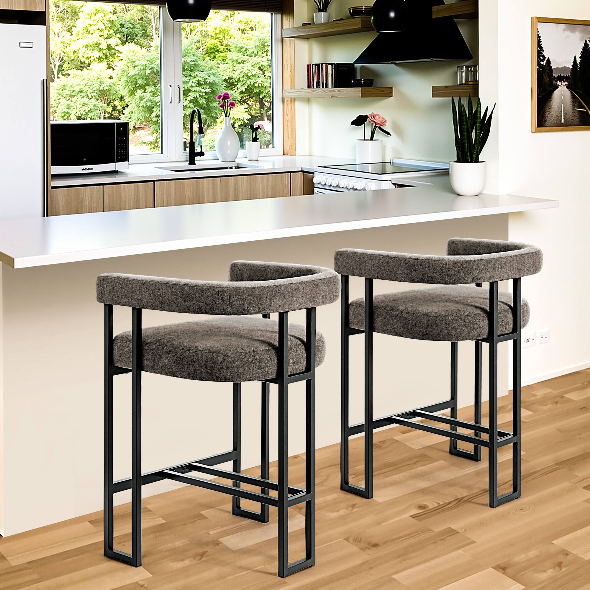 Alt View 2. KERDOM - 26'' Height Cloud Velvet Pub Bar Seats, Kitchen Island Stools with Arms Bar Stools Set of 2, Counter Padded High Chair - Cement Grey.