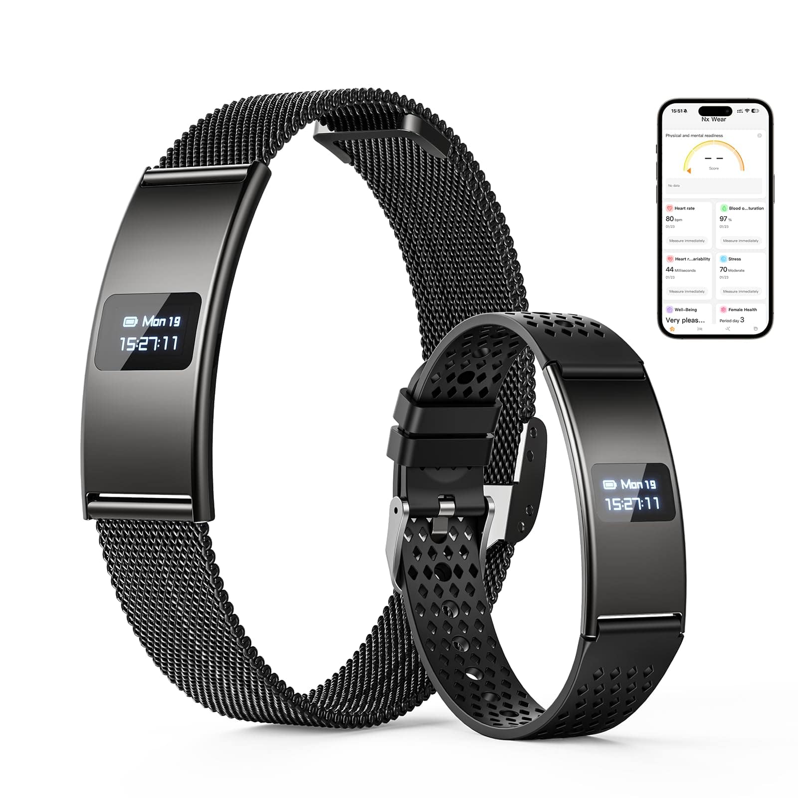 PRIMEPLUS - Smart Bracelet Subscription-Free 24/7 Health Tracker HR/SpO2/HRV/Sleep IPX8 7-Day Battery 2 Bands - Black - (2026)