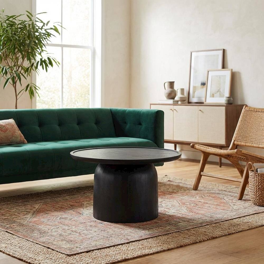 Angle. FurniFact - Round Wood Coffee Table with 17.5-inch Height and 30-inch Diameter - Black.