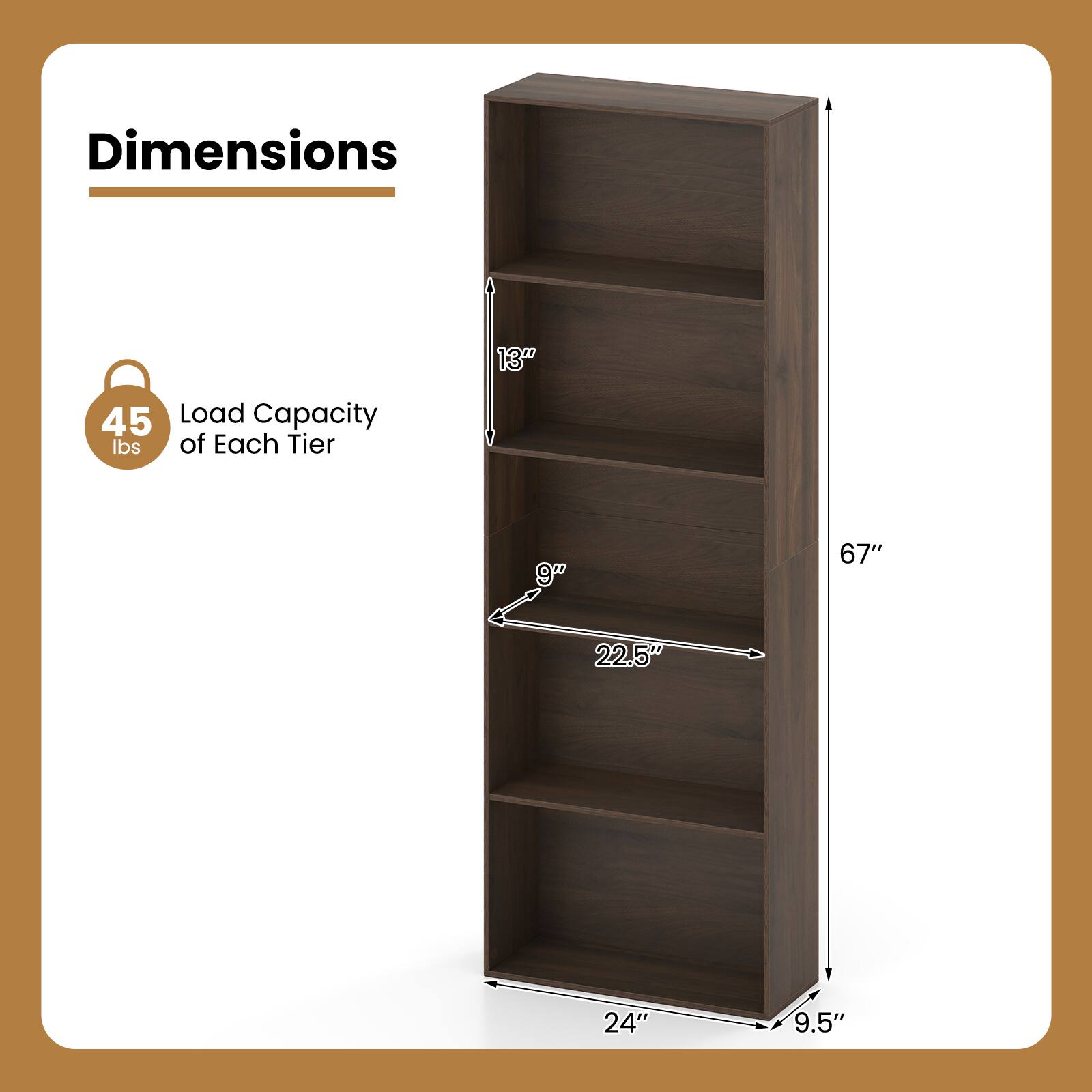 Dimensions: 13" x 22.5" x 24" x 9.5"  
Load Capacity: 45 lbs of Each Tier