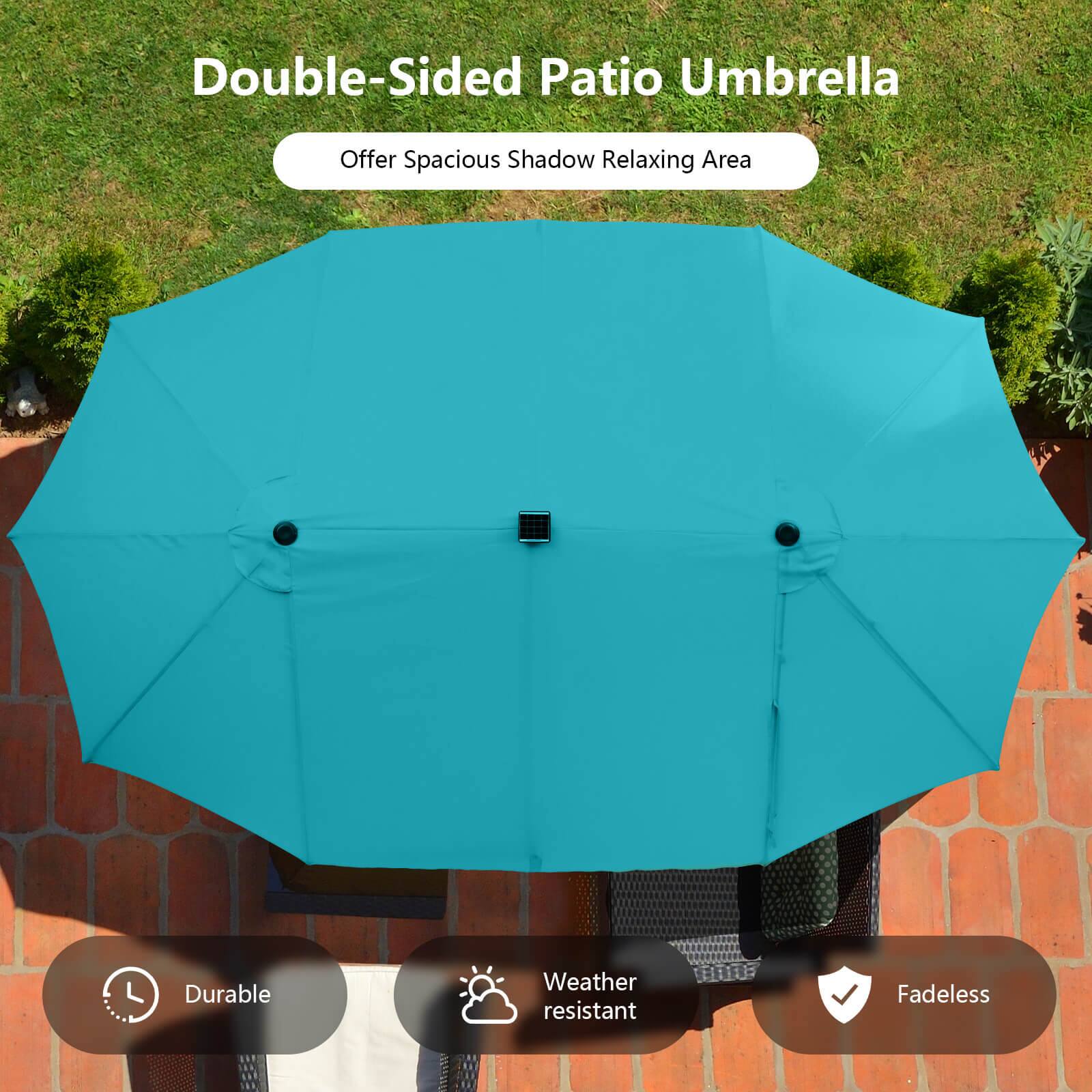 Double-Sided Patio Umbrella
Offer Spacious Shadow Relaxing Area
Durable
Weather resistant
Fadeless