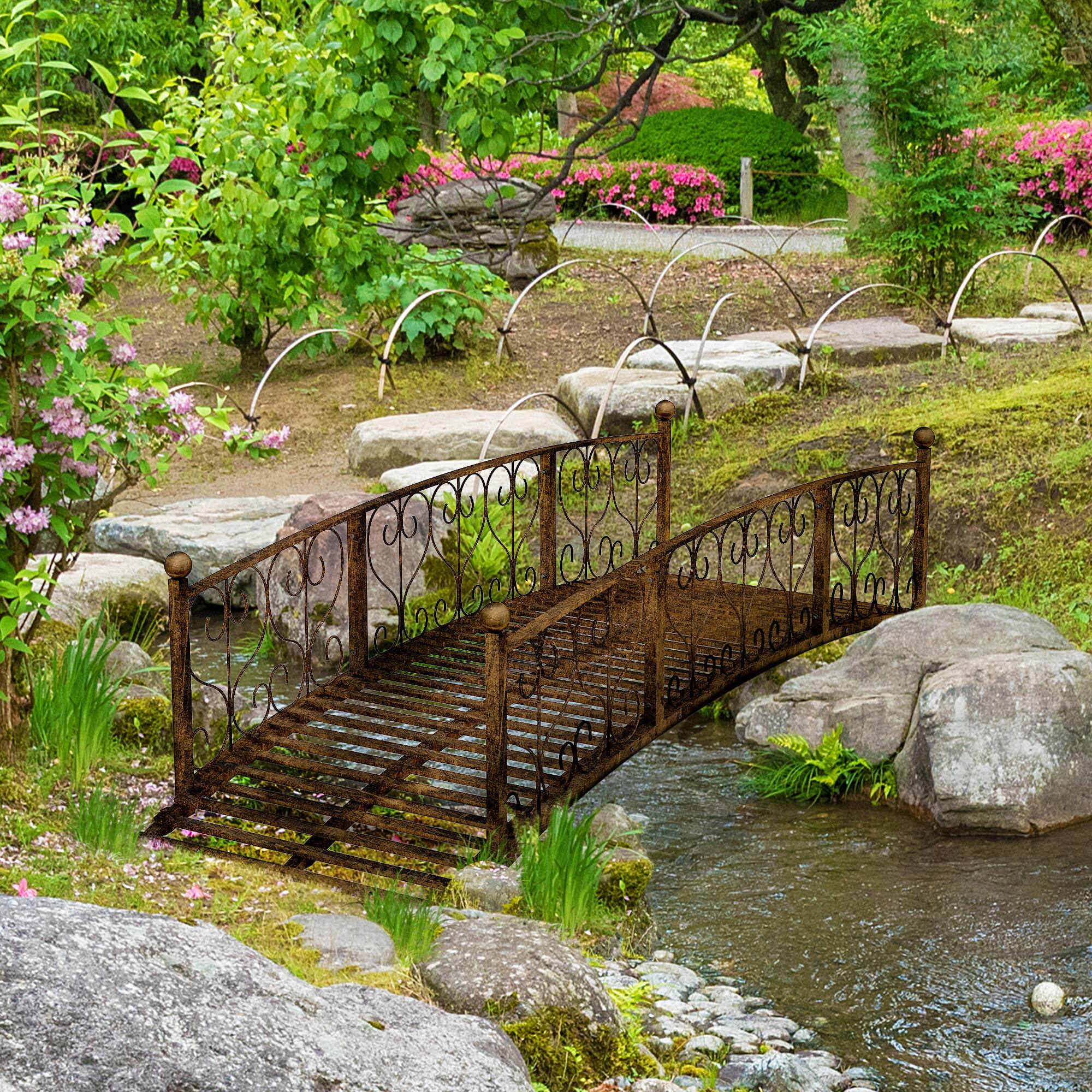 Alt View 1. Outsunny - Metal Arch Garden Bridge Arc Footbridge with Side Railings Decorative Scrollwork - Bronze.