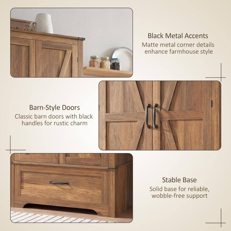 Black Metal Accents  
Matte metal corner details enhance farmhouse style

Barn-Style Doors  
Classic barn doors with black handles for rustic charm

Stable Base  
Solid base for reliable, wobble-free support