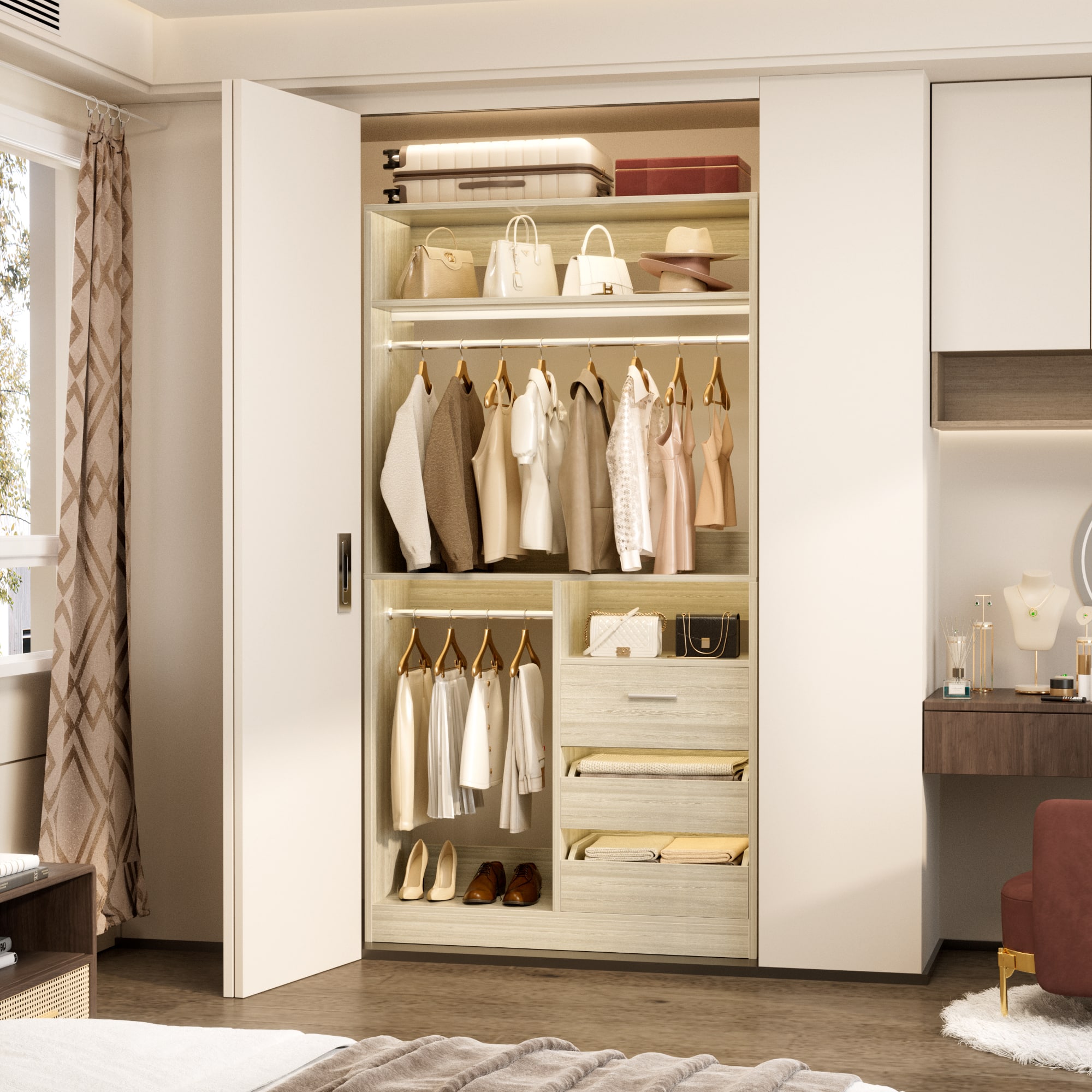 "Aheaplus - 36"" Freestanding Closet Organizer with 3 Drawers, 2 Hanging Rods & Shoe Storage - White Oak"