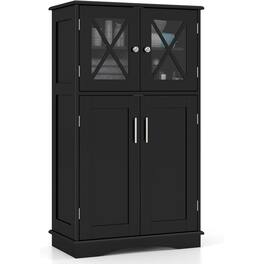 SlickBlue - Bathroom Towel Storage Cabinet – Linen Organizer with Glass Doors and Shelves - Black