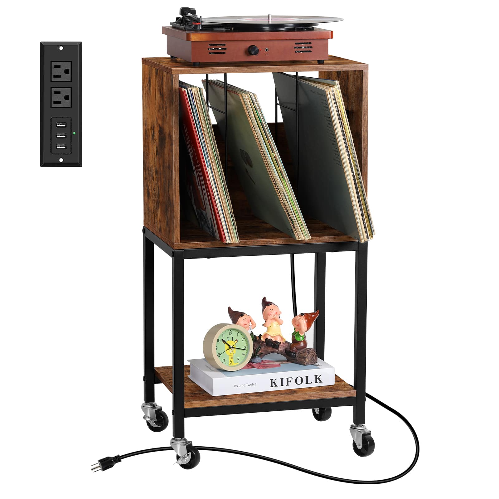 Oumilen - Mobile Turntable Stand with Charging Station & Vinyl Storage - Brown