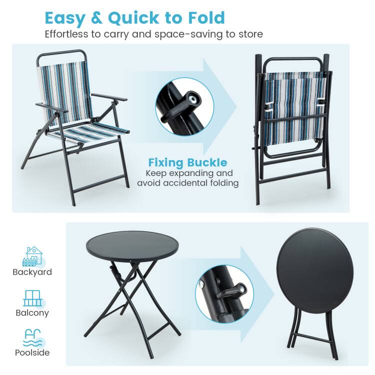 Easy & Quick to Fold  
Effortless to carry and space-saving to store  

Fixing Buckle  
Keep expanding and avoid accidental folding  

Backyard  
Balcony  
Poolside