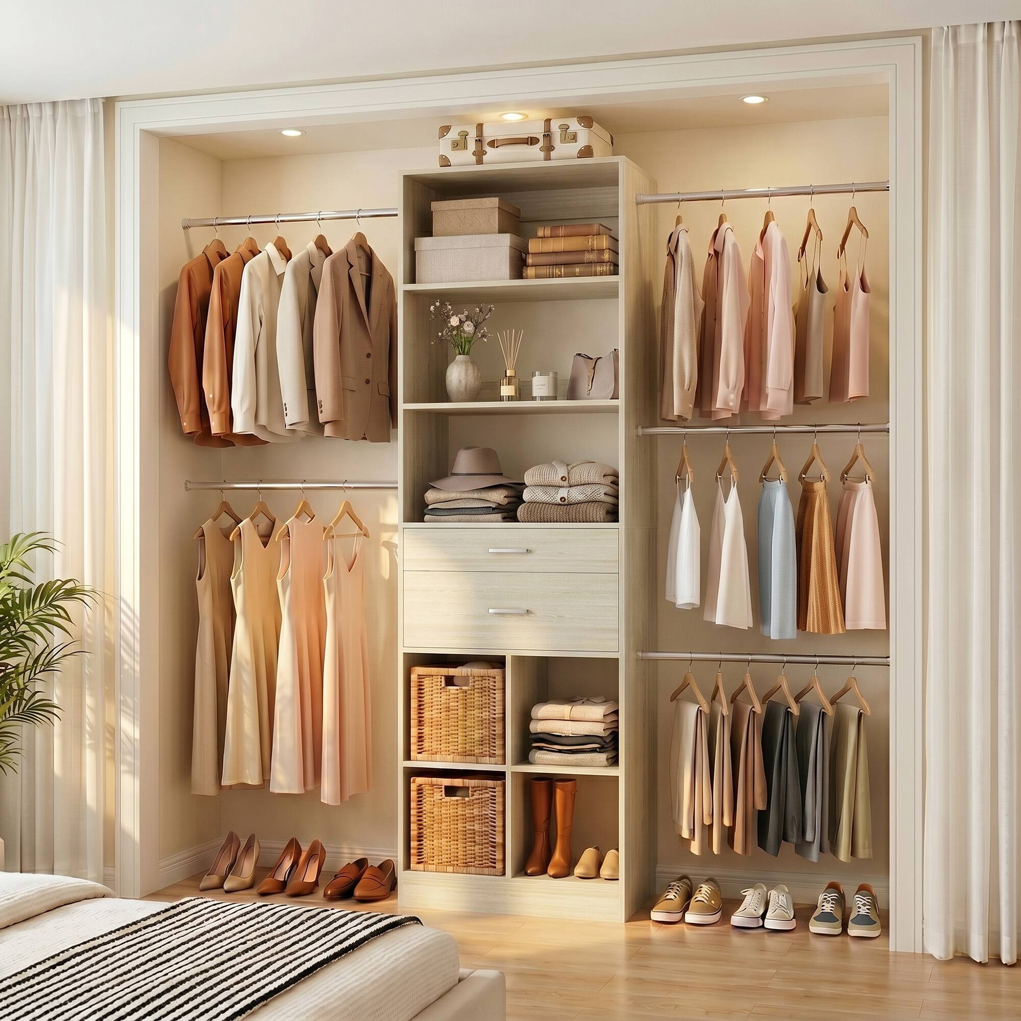 Back. Aheaplus - Small Closet System, 3.2-6.8FT Adjustable Closet Organizer with 2 Drawers & 5 Hanging Rods - White Oak.
