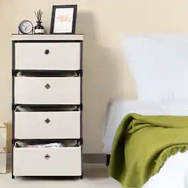Oumilen - 4-Drawer Fabric Storage Dresser with Wood Top, Beige - White