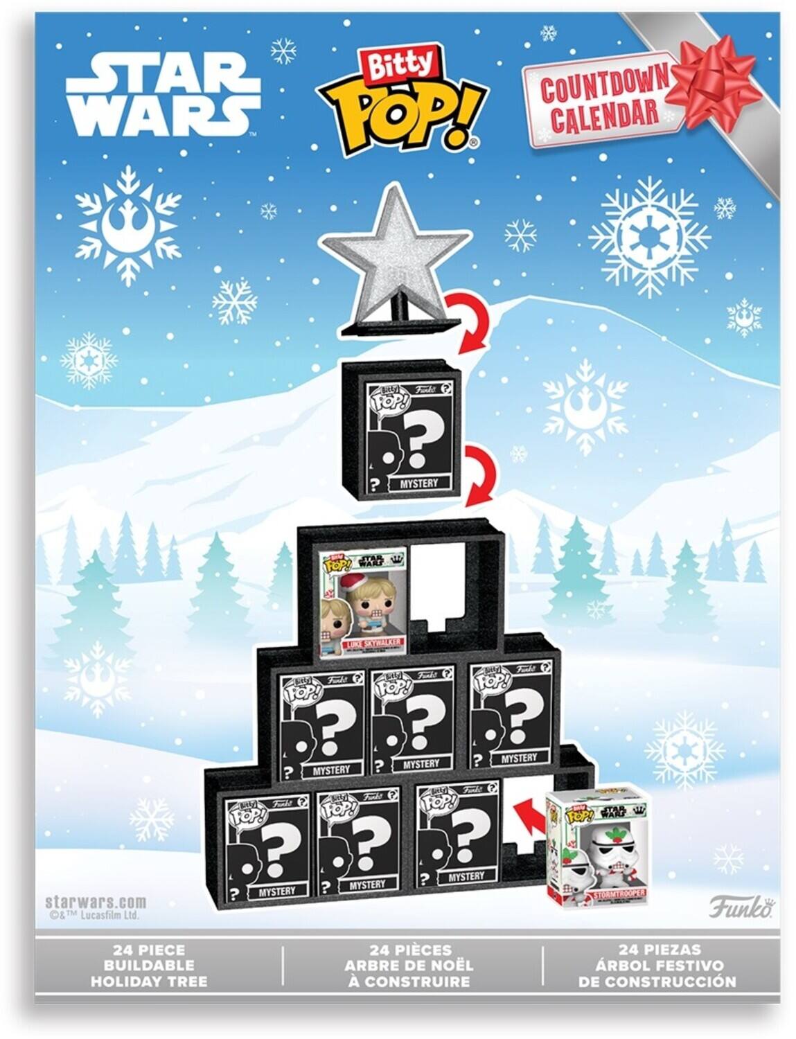 STAR WARS Bitty POP! COUNTDOWN CALENDAR  
Fundo 7 FOP!  
MYSTERY  
FORD L SATWALKER  
starwars.com & Lucasfilm Ltd.  
F 7 d ods Fe  
FOP! FOP! 1OP!  
MYSTERY  
Tod Tod  
Tok 7 FOP! FOP! TOP!  
RRP Funko  
24 PIECE BUILDABLE HOLIDAY TREE  
24 PIEZAS ARBOL DE NOEL A CONSTRUIRE  
24 PIEZAS ARBOL FESTIVO DE CONSTRUCCION