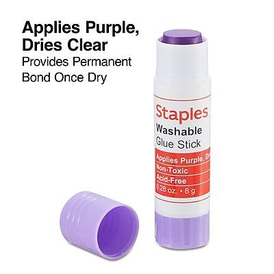 Applies Purple, Dries Clear  
Provides Permanent Bond Once Dry  

Staples Washable Glue Stick  
Applies Purple, Non-Toxic Acid-Free  
0.28 oz. (8 g)