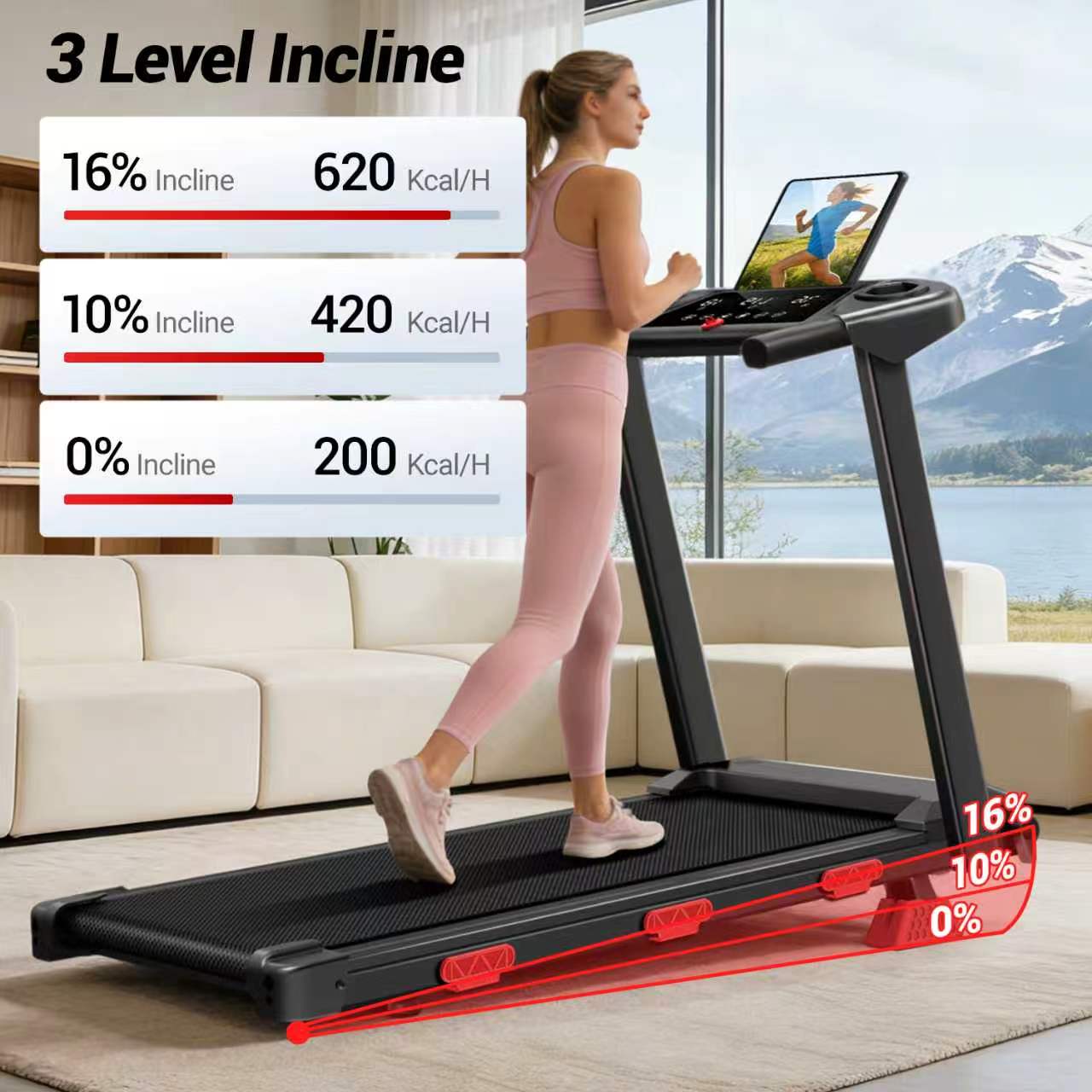 3 Level Incline

16% Incline - 620 Kcal/H

10% Incline - 420 Kcal/H

0% Incline - 200 Kcal/H

AA4

16% 10% 0%