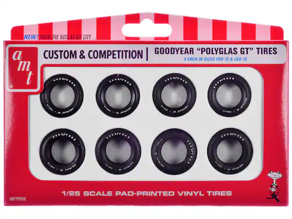 NEW! FROM THE KATS AT KIT CITY...
a m t
CUSTOM & COMPETITION
GOODYEAR "POLYGLAS GT" TIRES
4 EACH IN SIZES F60-15 & L60-15
1/25 SCALE PAD-PRINTED VINYL TIRES
AMTPP038