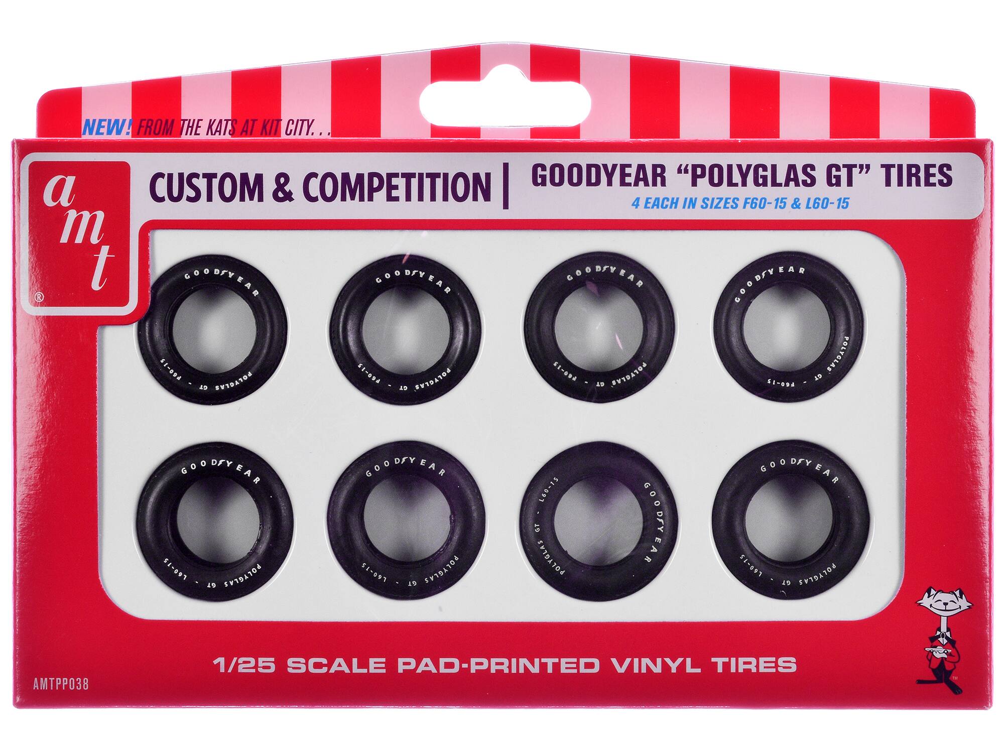NEW! FROM THE KATS AT KIT CITY...

a m t

CUSTOM & COMPETITION

GOODYEAR "POLYGLAS GT" TIRES

4 EACH IN SIZES F60-15 & L60-15

1/25 SCALE PAD-PRINTED VINYL TIRES

AMTPP038