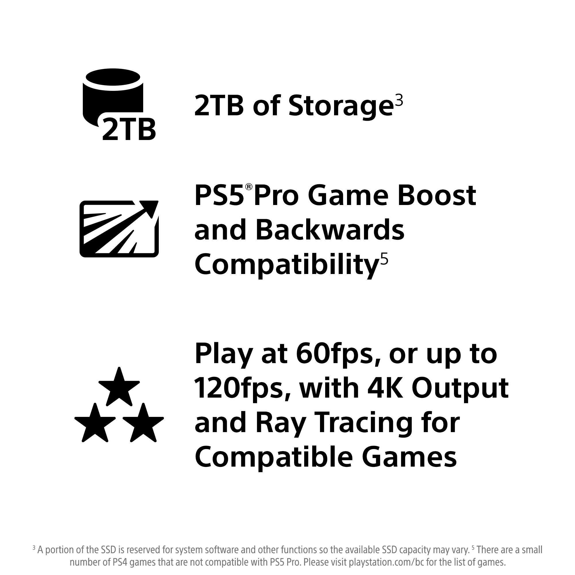 2TB of Storage  
PS5 Pro Game Boost and Backwards Compatibility  
Play at 60fps, or up to 120fps, with 4K Output and Ray Tracing for Compatible Games  

A portion of the SSD is reserved for system software and other functions so the available SSD capacity may vary. There are a small number of PS4 games that are not compatible with PS5 Pro. Please visit playstation.com/bc for the list of games.