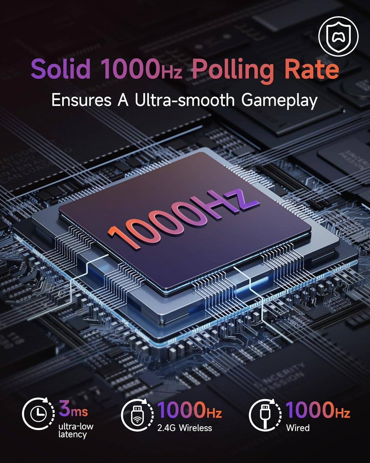 Solid 1000Hz Polling Rate  
Ensures A Ultra-smooth Gameplay  

1000Hz  

3ms ultra-low latency  
1000Hz 2.4G Wireless  
1000Hz Wired