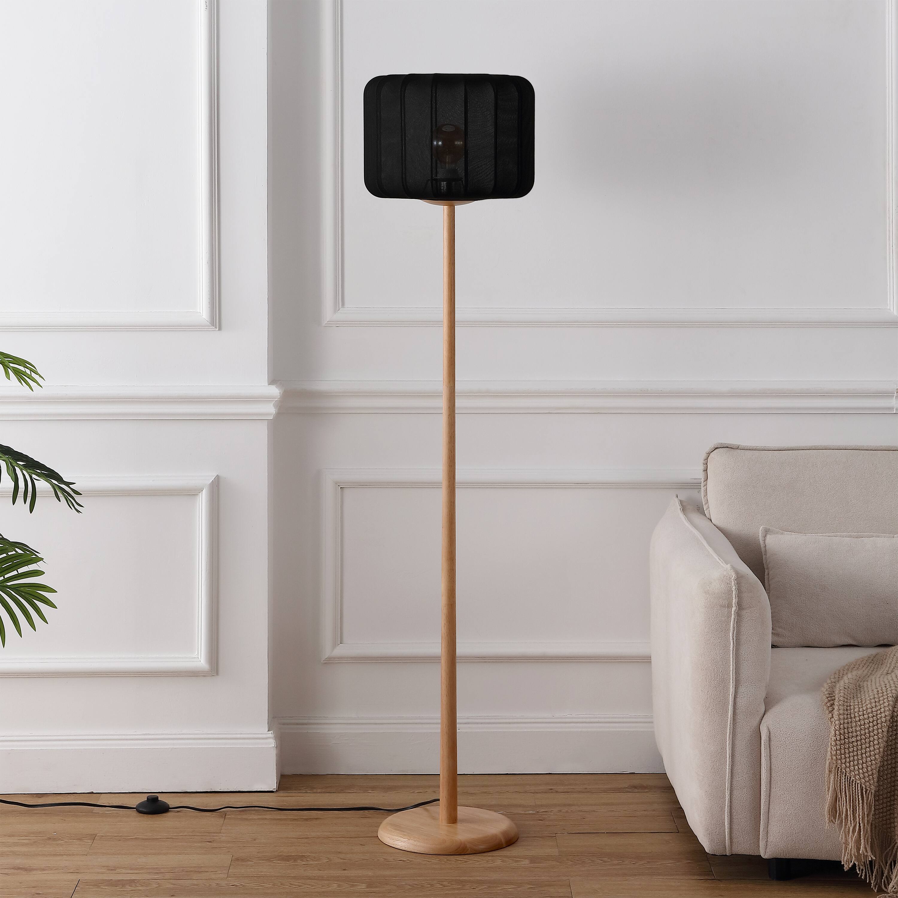 Alt View 5. Jonathan Y - Maryna 59.5 in. Minimalist Modern Teahouse Wood with Ribbed Cocoon Pumpkin Shade LED Floor Lamp, Black/Light Brown - Light Brown Wood.