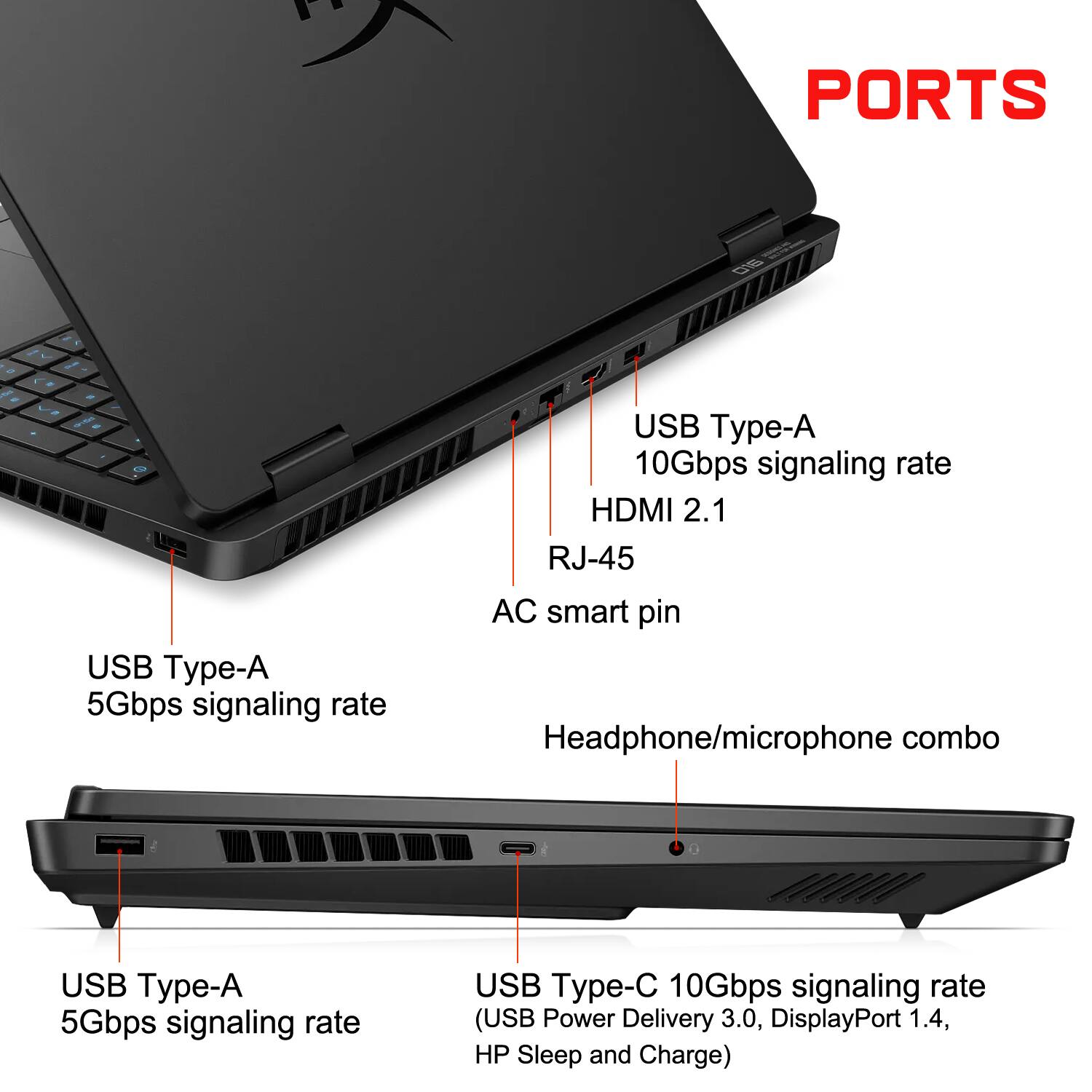 PORTS

- USB Type-A 5Gbps signaling rate
- USB Type-A 10Gbps signaling rate
- HDMI 2.1
- RJ-45
- AC smart pin
- Headphone/microphone combo
- USB Type-C 10Gbps signaling rate (USB Power Delivery 3.0, DisplayPort 1.4, HP Sleep and Charge)