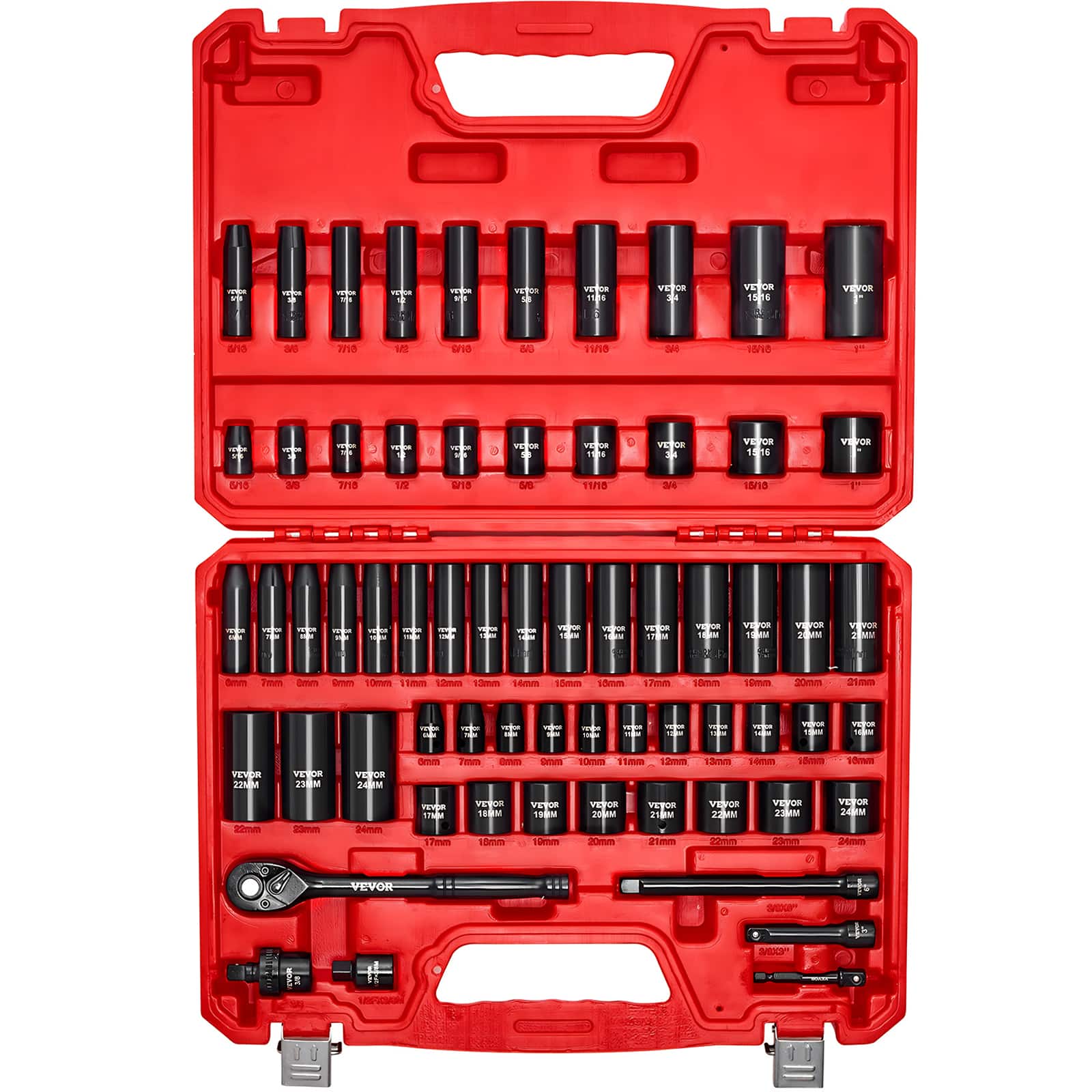 VEVOR - 3/8 in Drive Impact Socket Set, 64 Piece, 6 Point Deep & Shallow Impact Sockets, SAE (5/16 in to 1 in) and Metric - Red