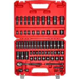 VEVOR - 3/8 in Drive Impact Socket Set, 64 Piece, 6 Point Deep & Shallow Impact Sockets, SAE (5/16 in to 1 in) and Metric - Red