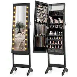 Costway - LED Mirror Jewelry Cabinet with 20 LED Lights Full-Length Mirror Adjustable Angles - Black