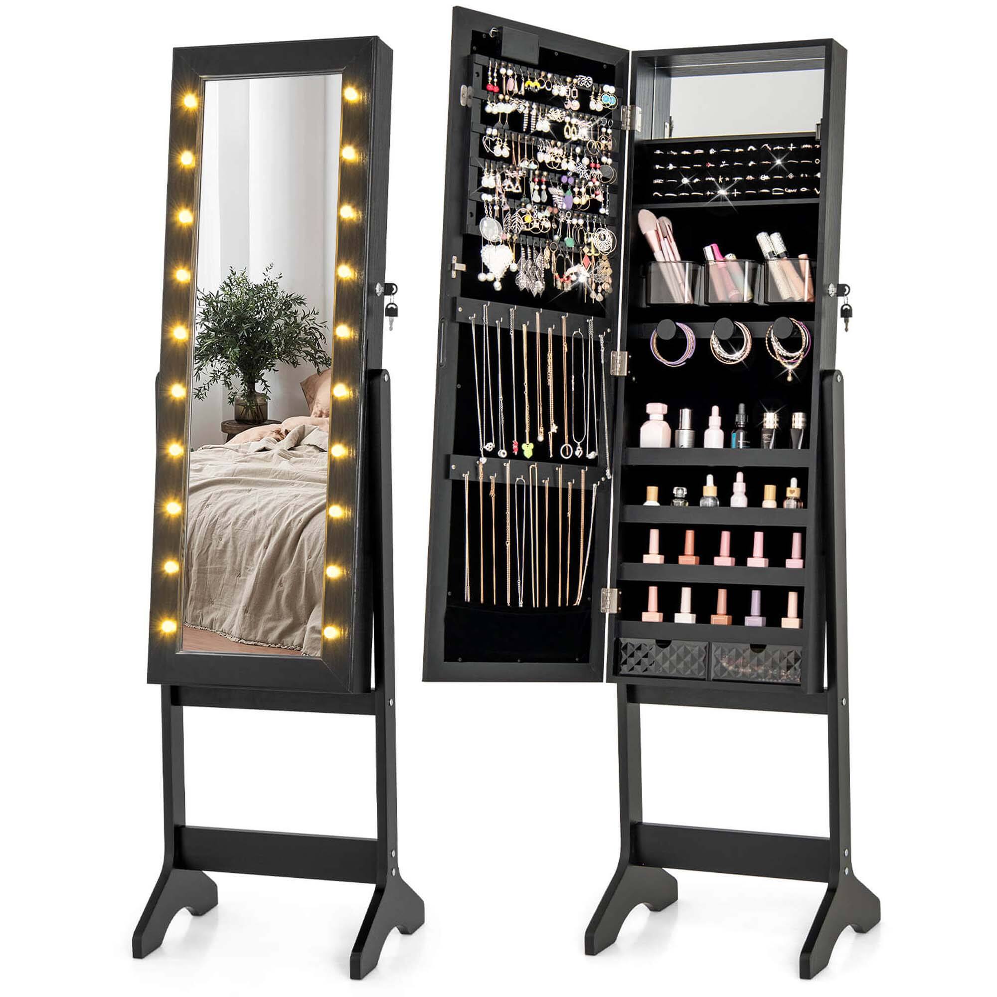 Alt View 1. Costway - Costway LED Mirror Jewelry Cabinet with 20 LED Lights Full-Length Mirror Adjustable Angles - Black.
