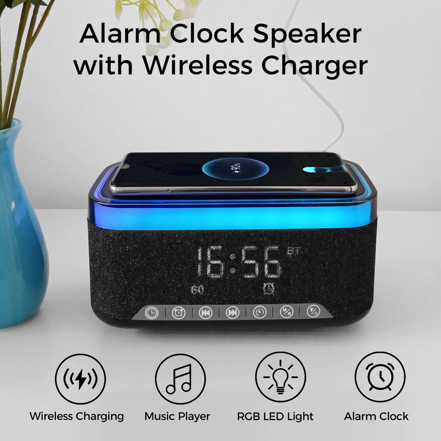 Alarm Clock Speaker with Wireless Charger

- Wireless Charging
- Music Player
- RGB LED Light
- Alarm Clock