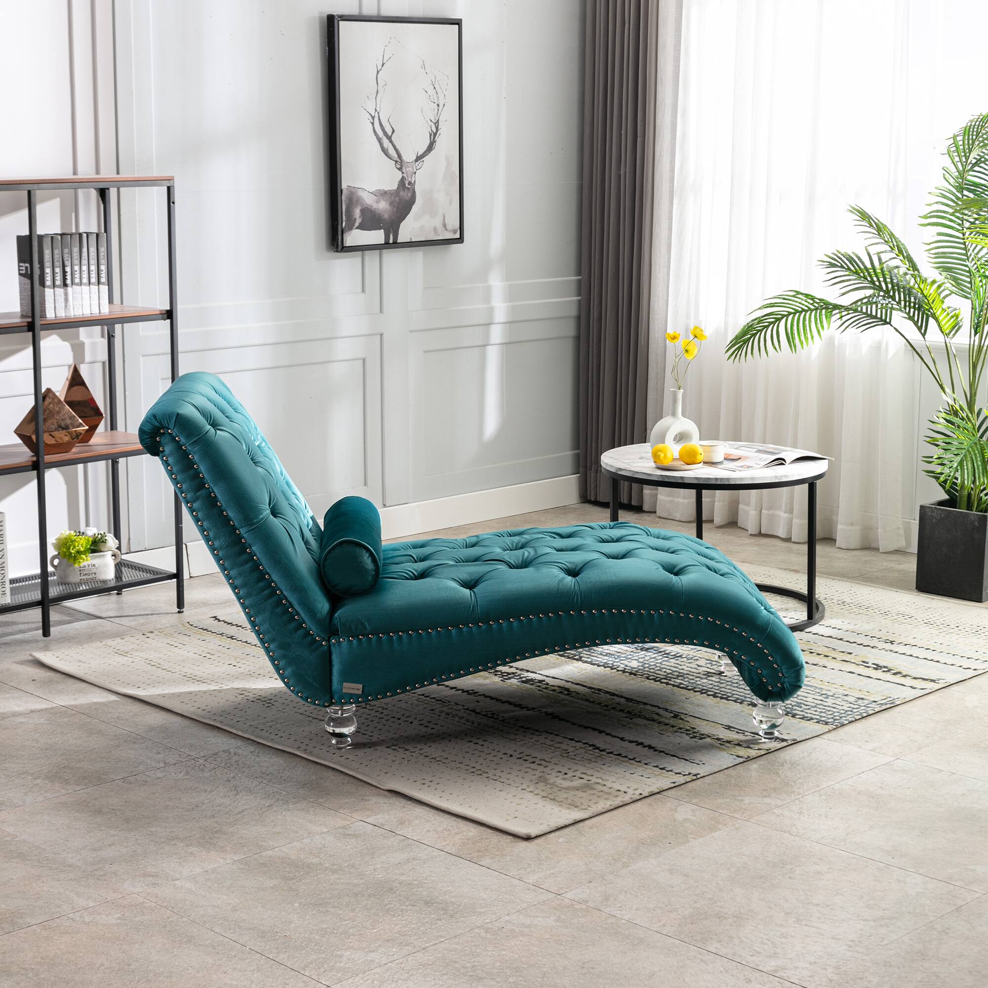 Left. Trinkets Crazed - Velvet Indoor Chaise Lounge Chair with Toss Pillow, Upholstered Modern Tufted Button Lounge Chair with Acrylic Legs - Teal.