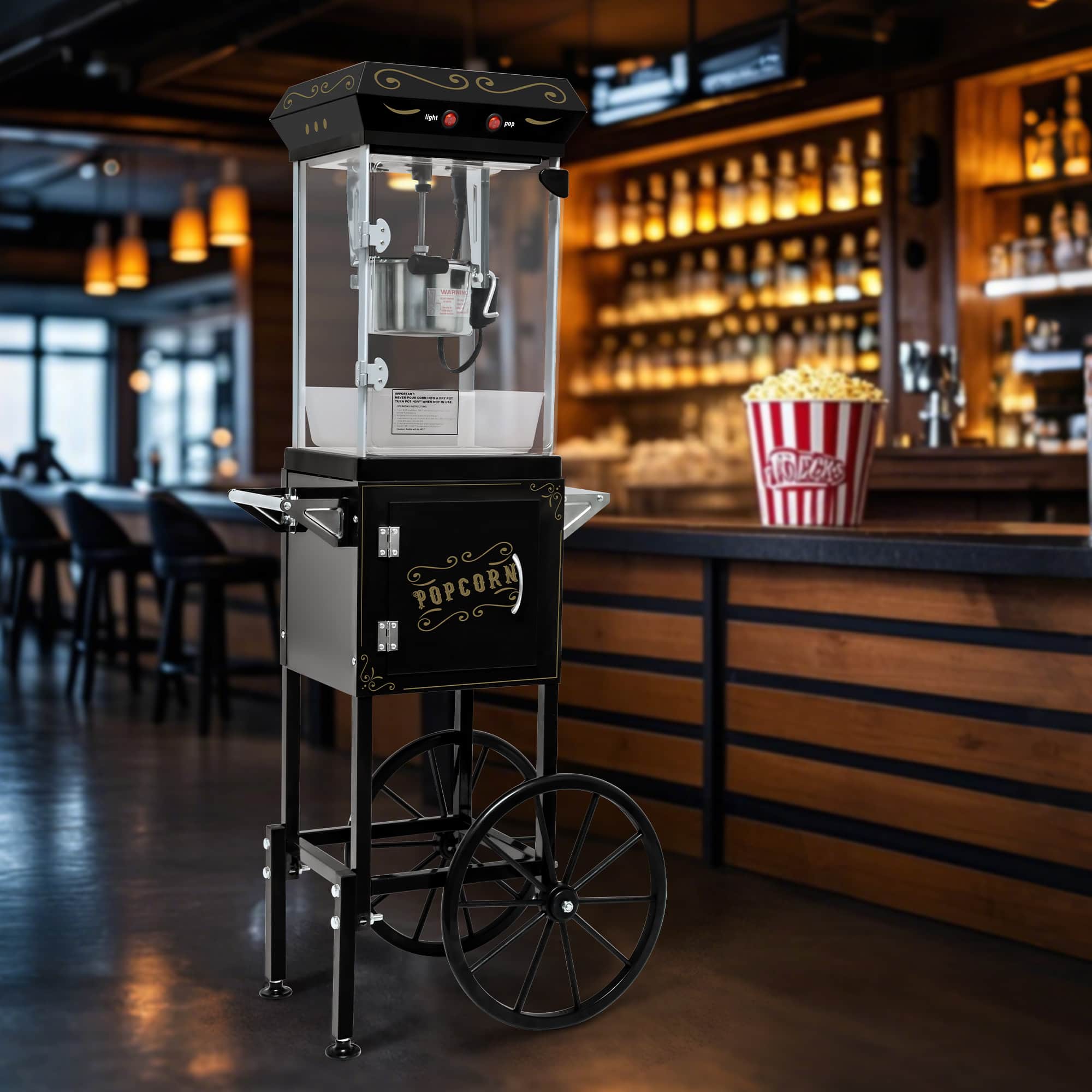 Tiramisubest - Popcorn Machine with Cart,Wheels & 6 Oz Pot Popcorn Maker Stainless Steel Oil Spoon,Mobile Cart with Lockers - Black