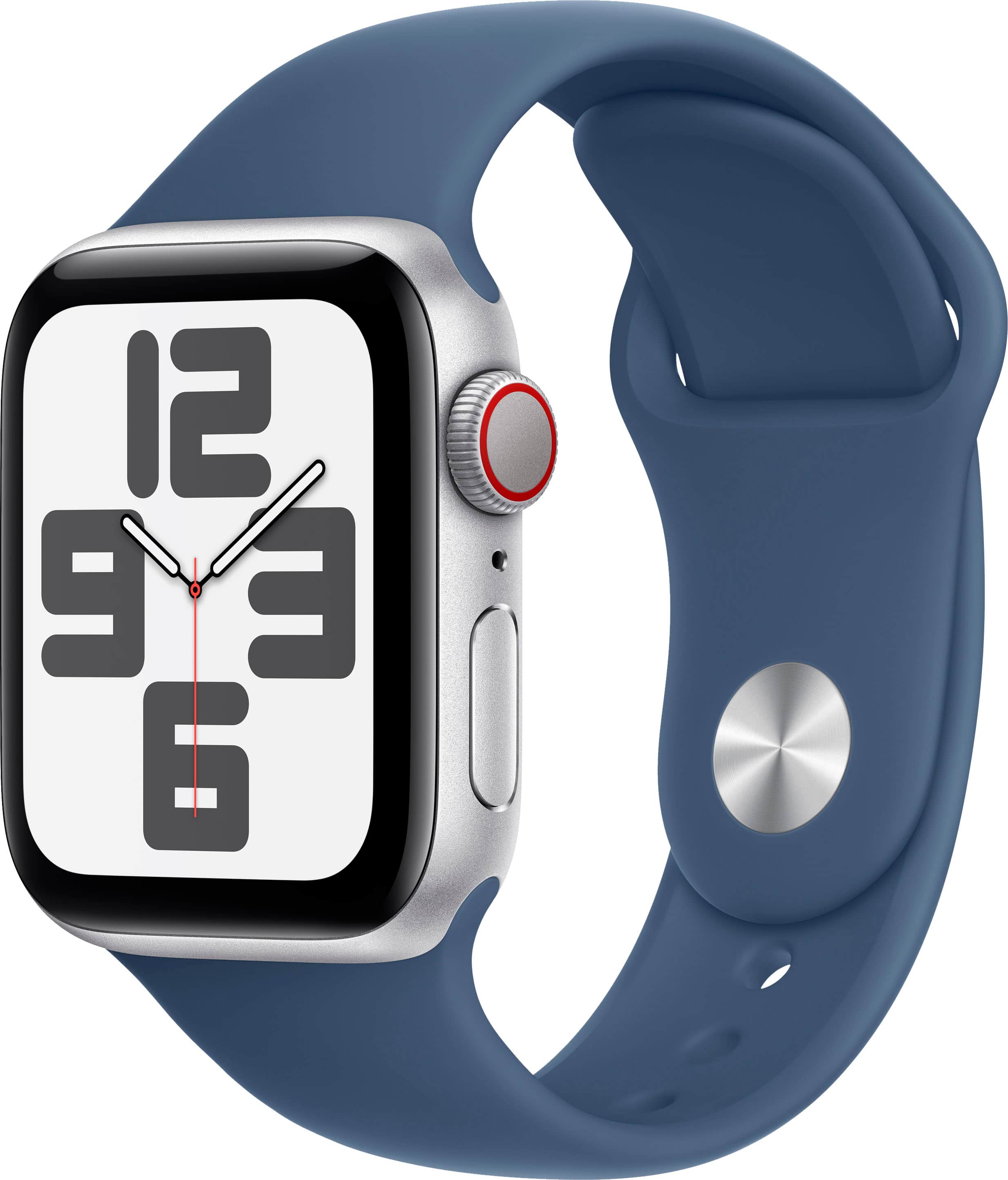 Angle. Apple - Apple Watch SE 2nd Generation (GPS+Cellular) 40mm Aluminum Case with Denim Sport Band - S/M - Silver.