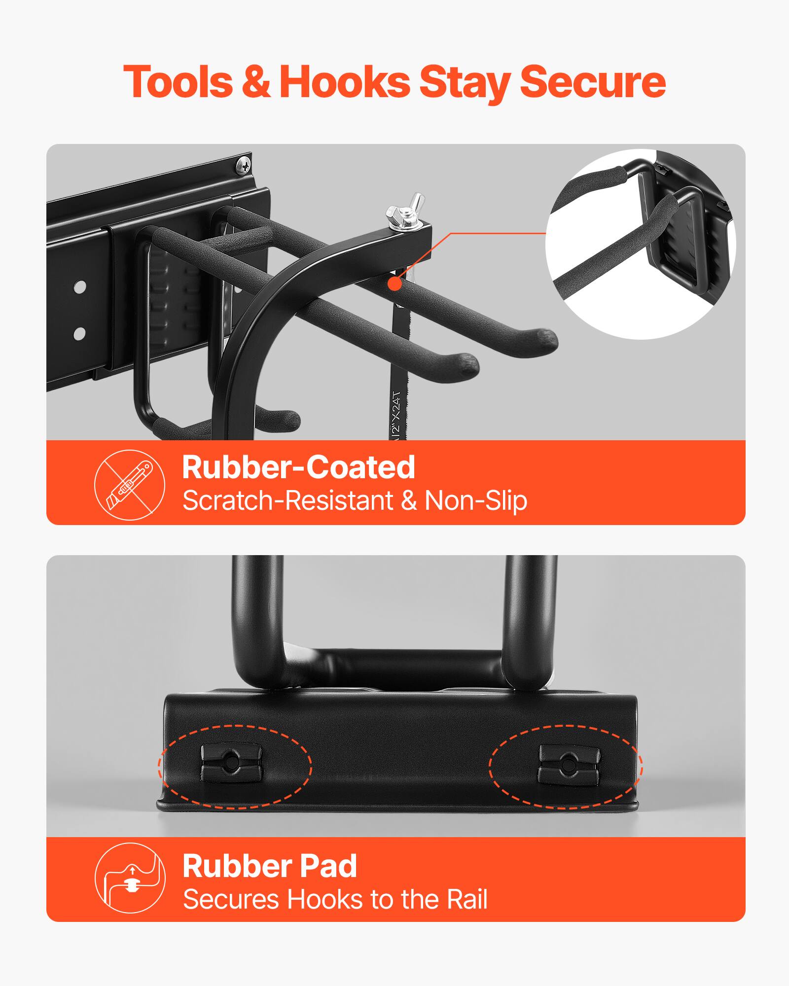 Tools & Hooks Stay Secure

12"X24T Rubber-Coated Scratch-Resistant & Non-Slip

Rubber Pad Secures Hooks to the Rail