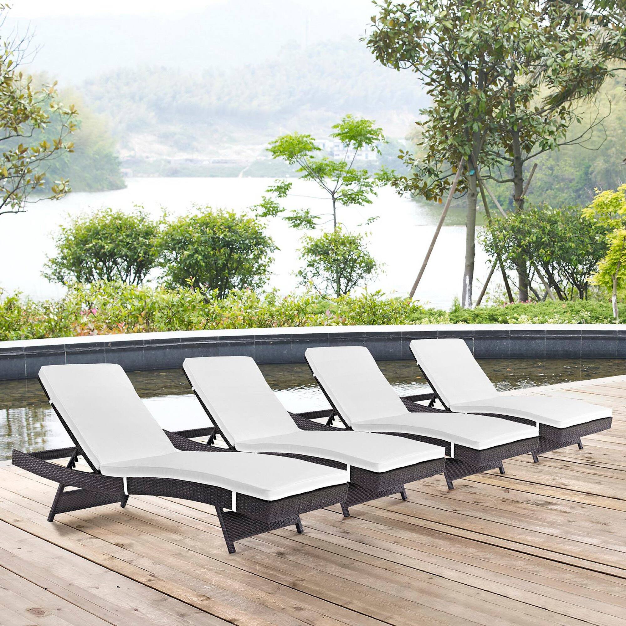 Alt View 1. Modway - Convene Outdoor Patio Chaise Set of 4 - Reclining Synthetic Rattan Chaise - Espresso White.